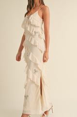 Bow Rhinestone Detailed Ruffle Maxi Dress