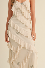 Bow Rhinestone Detailed Ruffle Maxi Dress