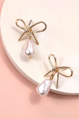 Pearl Dangle Gold Bow Drop Earrings