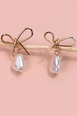 Pearl Dangle Gold Bow Drop Earrings