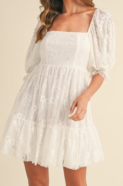 Bow Pearl Tulle Mini Dress