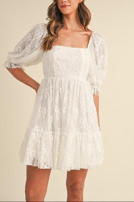 Bow Pearl Tulle Mini Dress