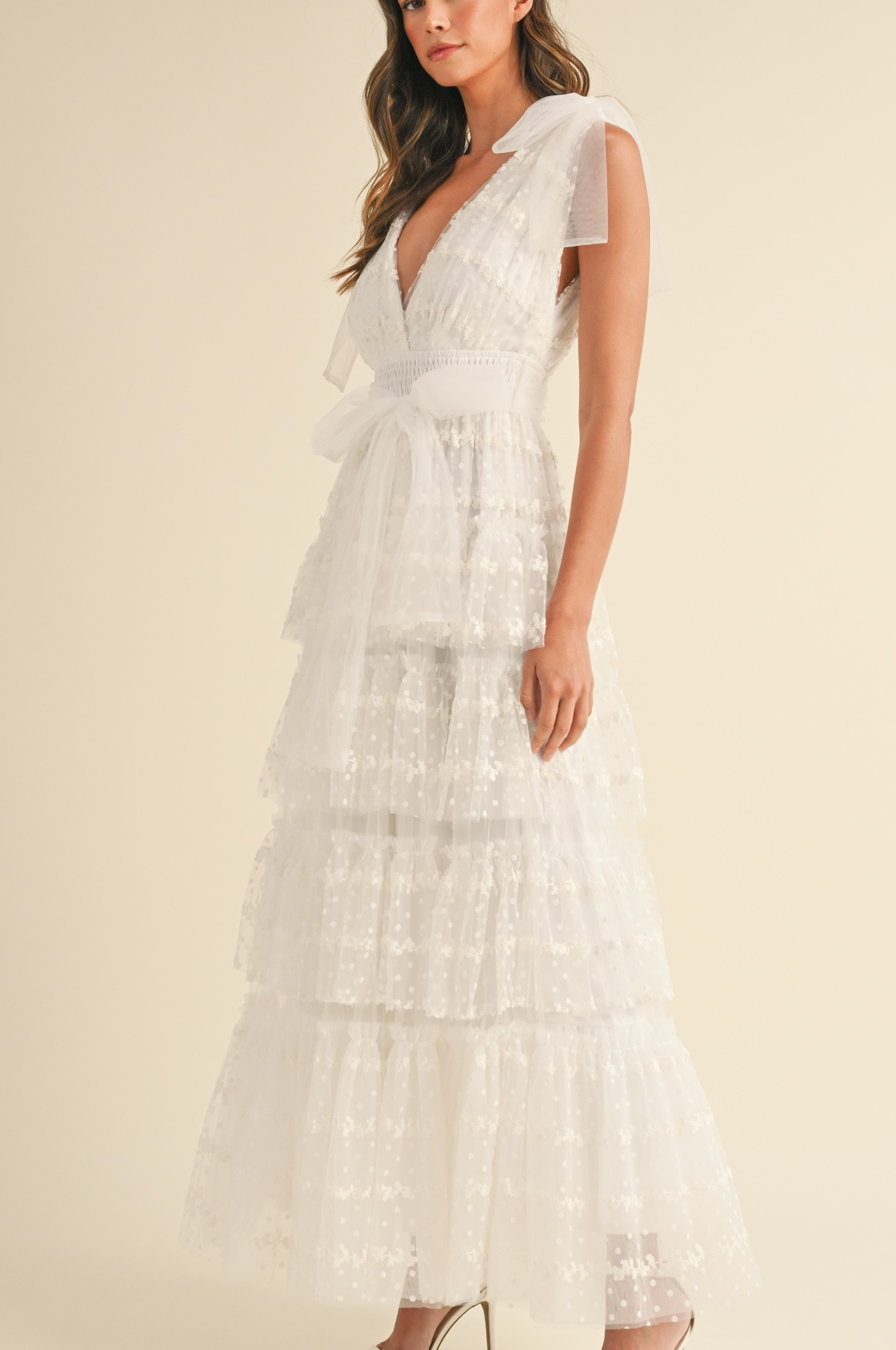 Dot Lace Mesh Tiered Ruffle Maxi Dress