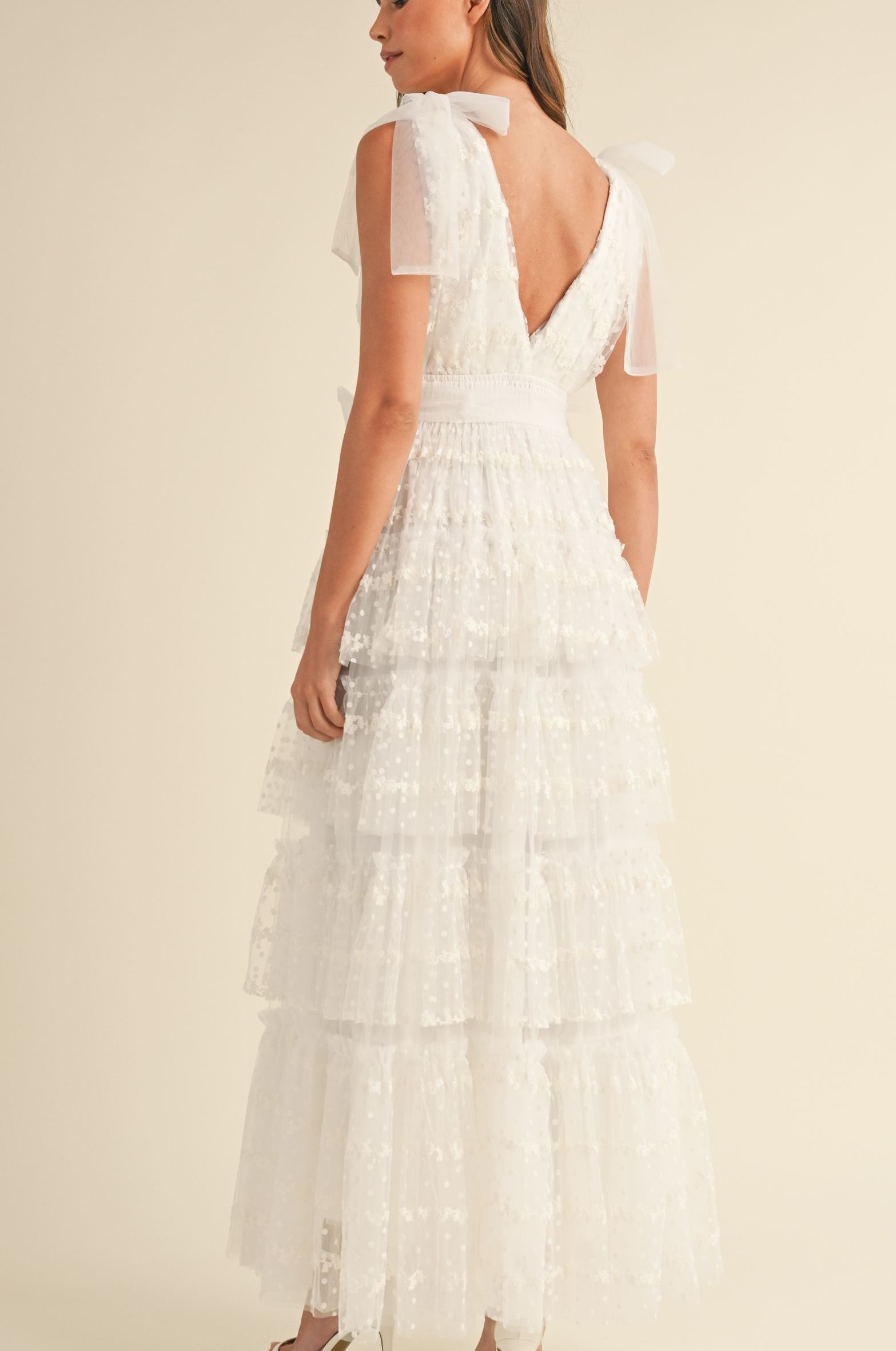 Dot Lace Mesh Tiered Ruffle Maxi Dress