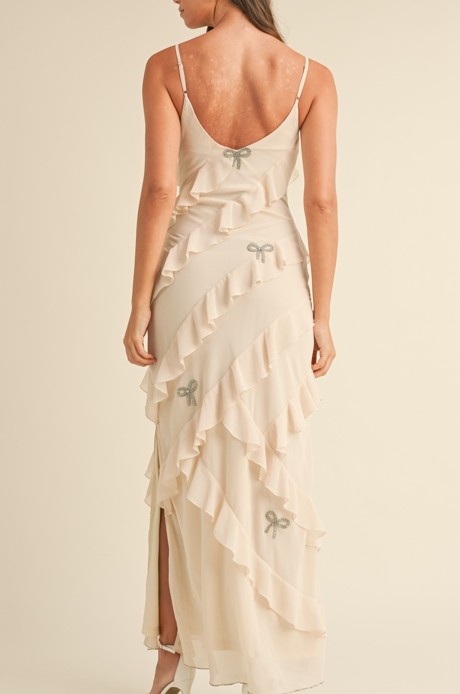 Bow Rhinestone Detailed Ruffle Maxi Dress