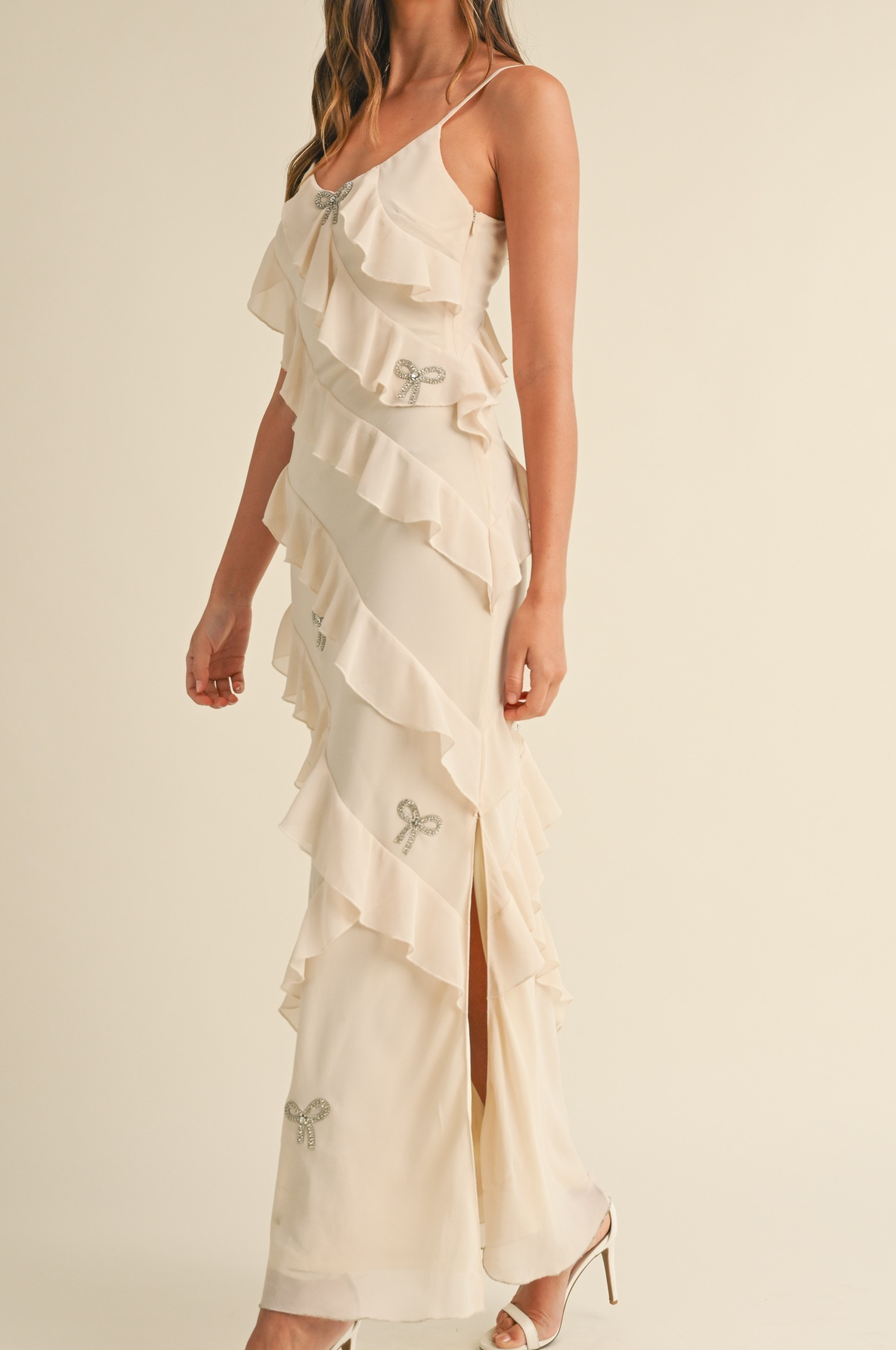 Bow Rhinestone Detailed Ruffle Maxi Dress