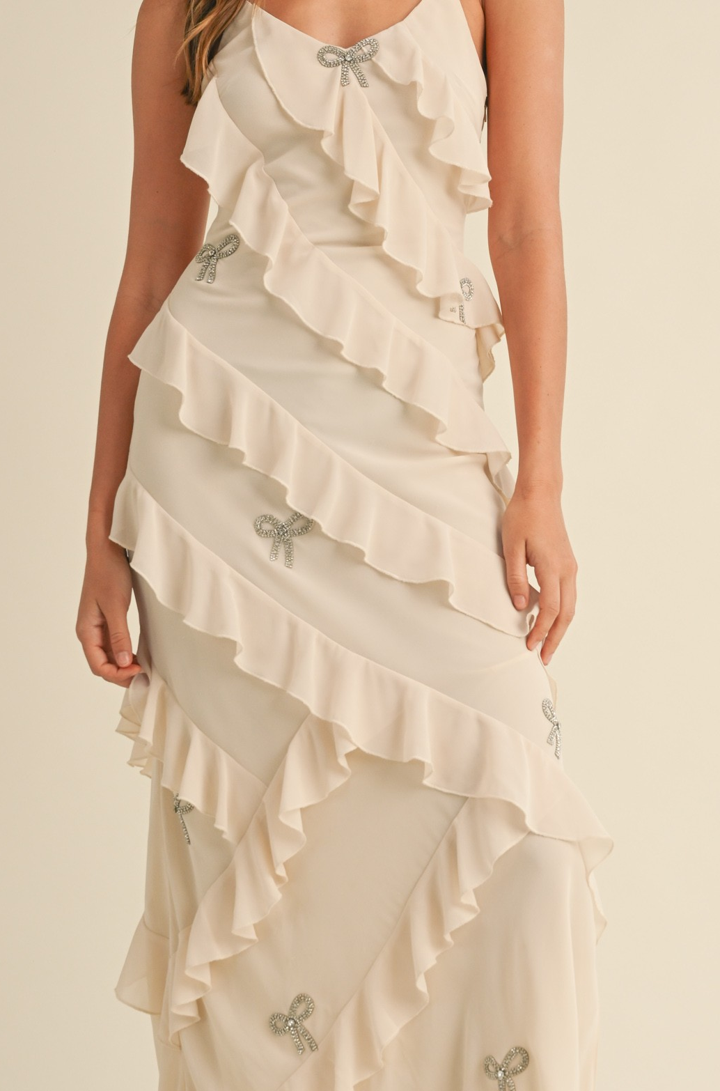 Bow Rhinestone Detailed Ruffle Maxi Dress