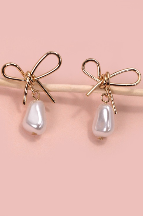 Pearl Dangle Gold Bow Drop Earrings
